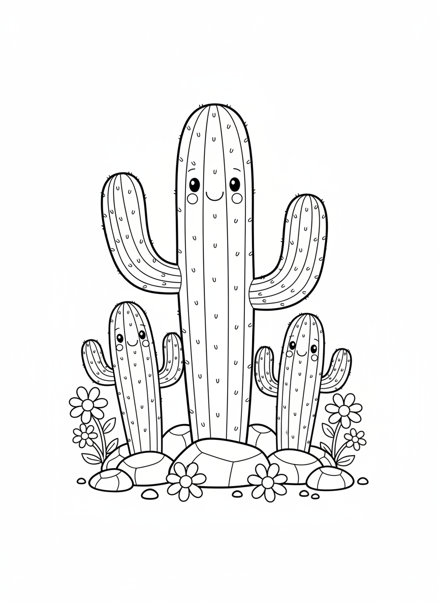 Page de Coloriage Famille de Cactus Saguaro Joyeux - Cactus Coloriage avec Mignon et Désert - Dessin au Trait Gratuit Imprimable
