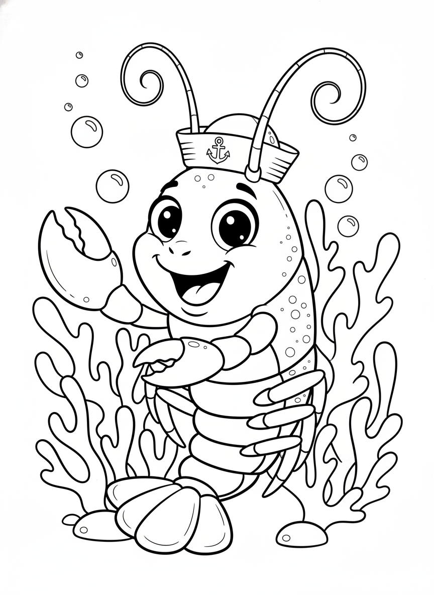 Cheerful Sailor Lobster Coloring Page for Kids - Ocean Animal Coloring Page featuring Ocean and Easy to Color - Free Printable Outline Drawing for Kids