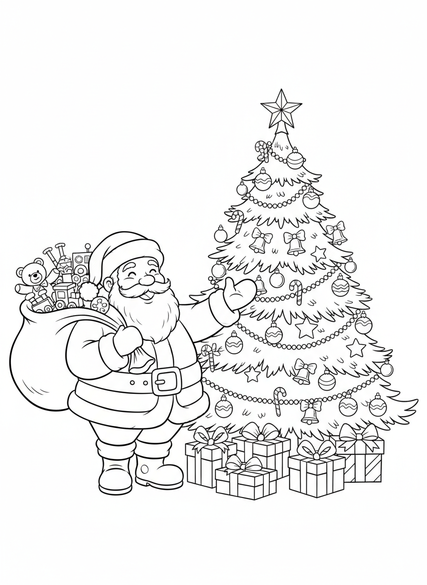 Cheerful Santa and Christmas Tree Coloring Page for Kids - Christmas Coloring Page featuring Christmas Tree and Presents - Free Printable Outline Drawing for Kids