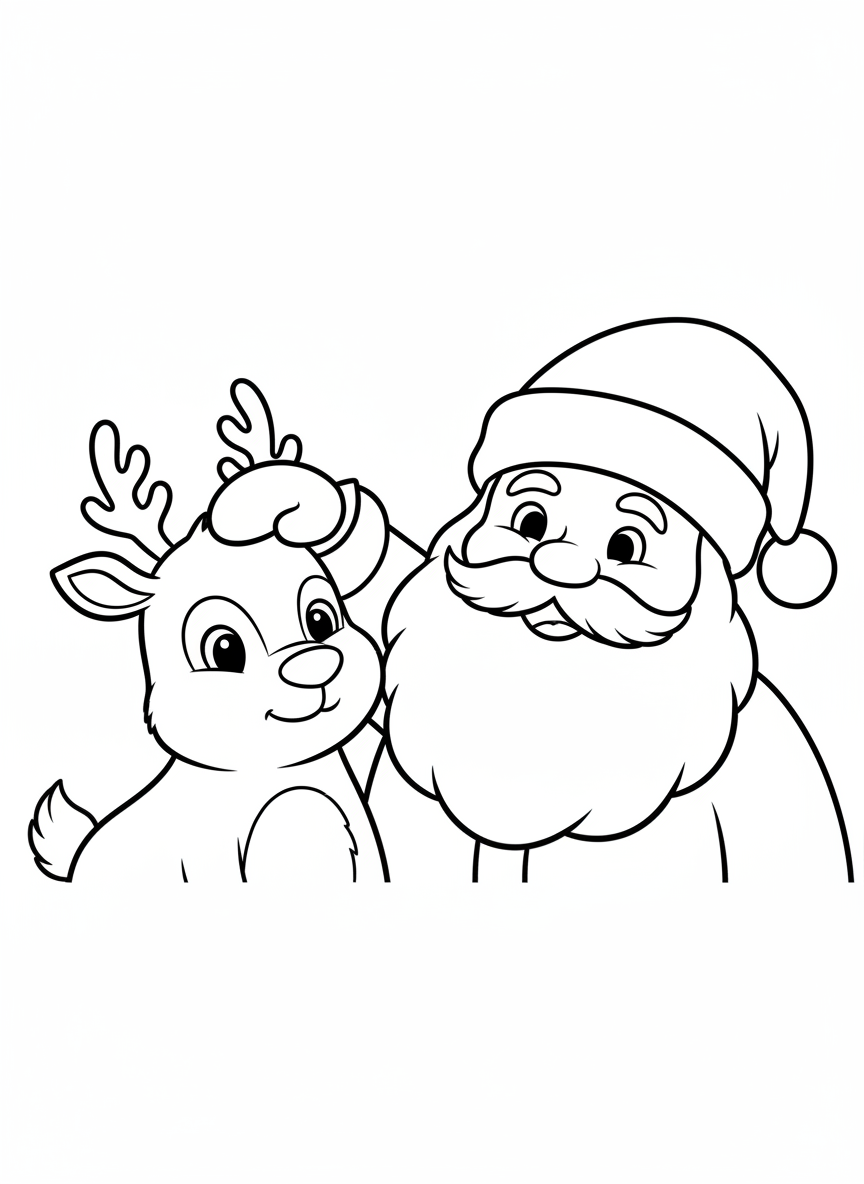 Papai Noel e Rena Alegre: Uma Página de Colorir de Natal Simples para Crianças - Natal Desenho para Colorir com Natal e Crianças - Desenho de Contorno Grátis Imprimível