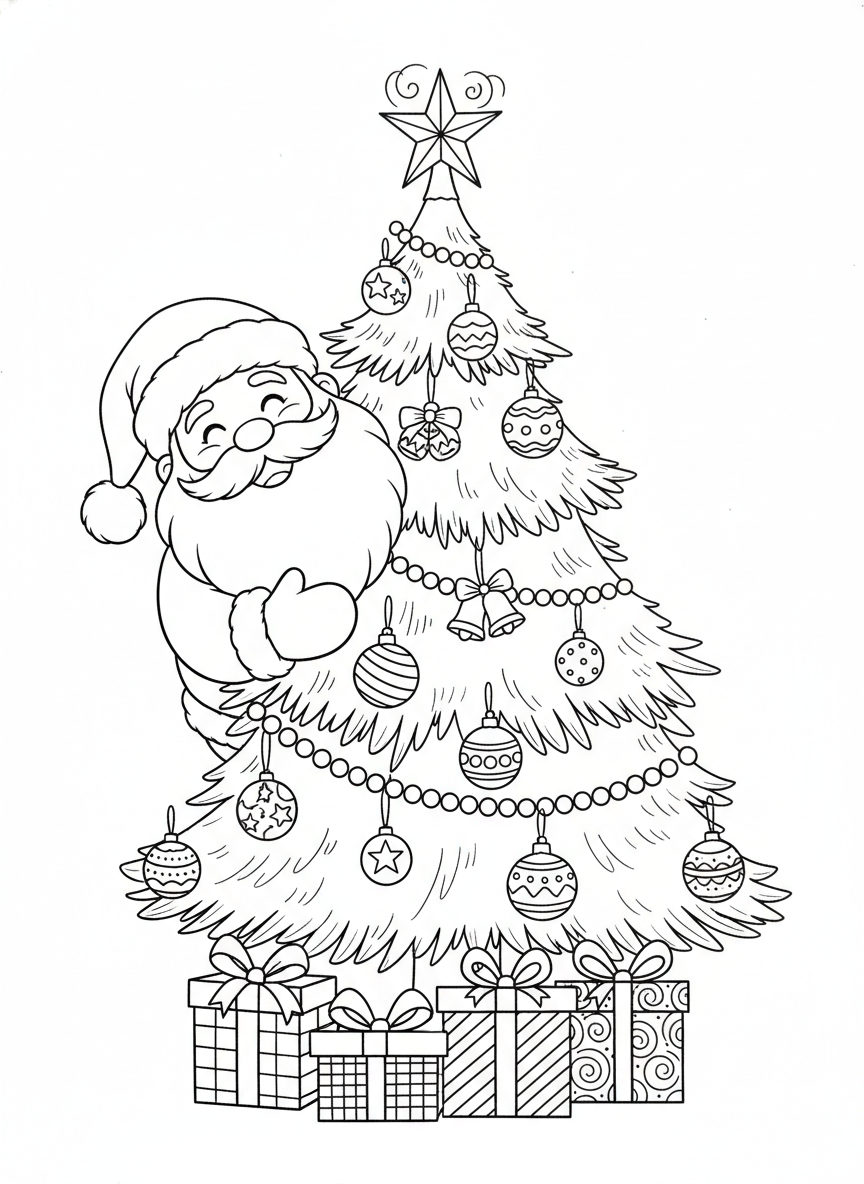 Cheerful Santa & Christmas Tree Kids Coloring Page - Christmas Coloring Page featuring Christmas Tree and Children - Free Printable Outline Drawing for Kids