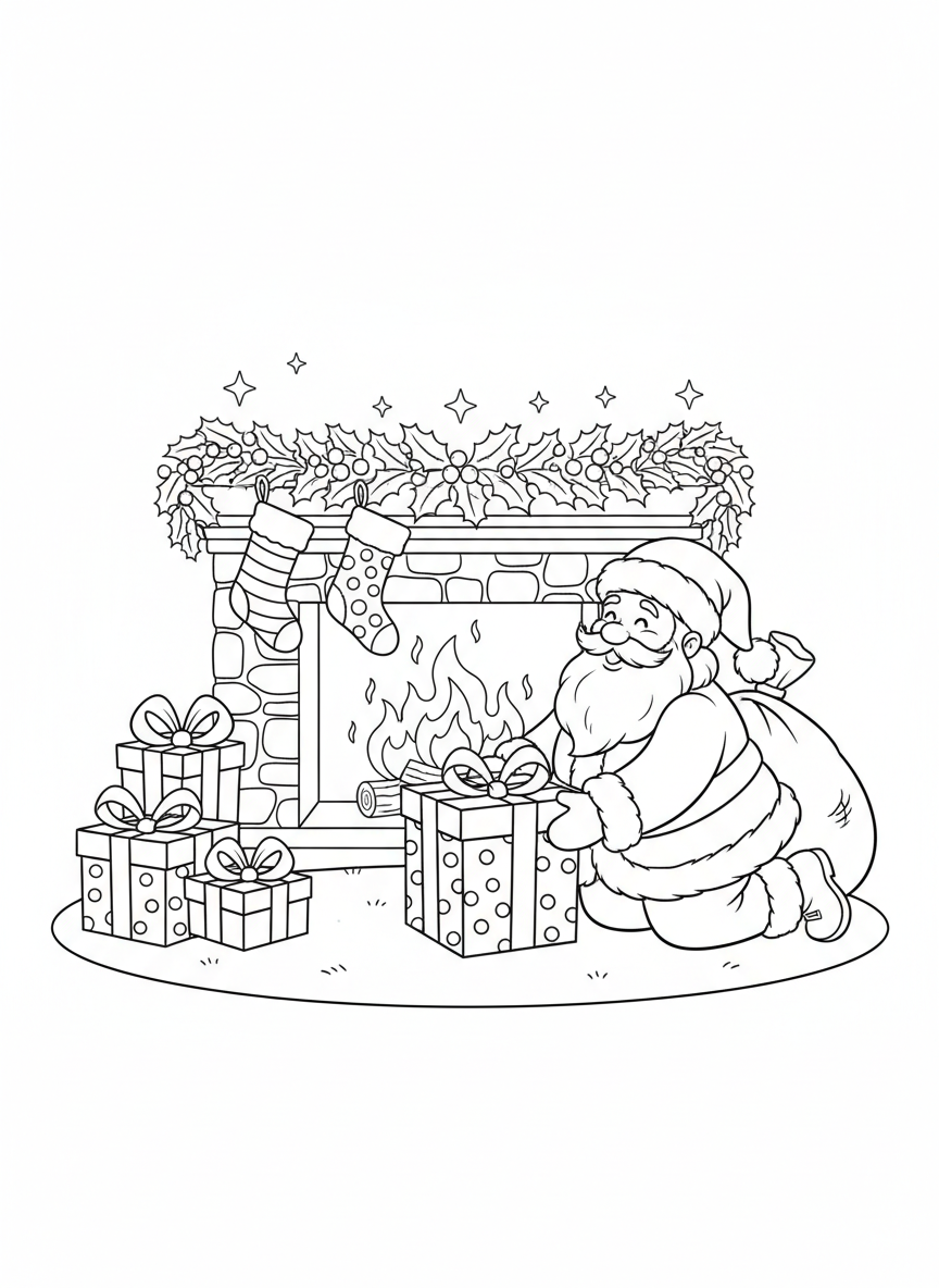 Cheerful Santa Claus Delivering Gifts by the Cozy Fireplace - Christmas Coloring Page featuring Christmas and Fireplace - Free Printable Outline Drawing for Kids