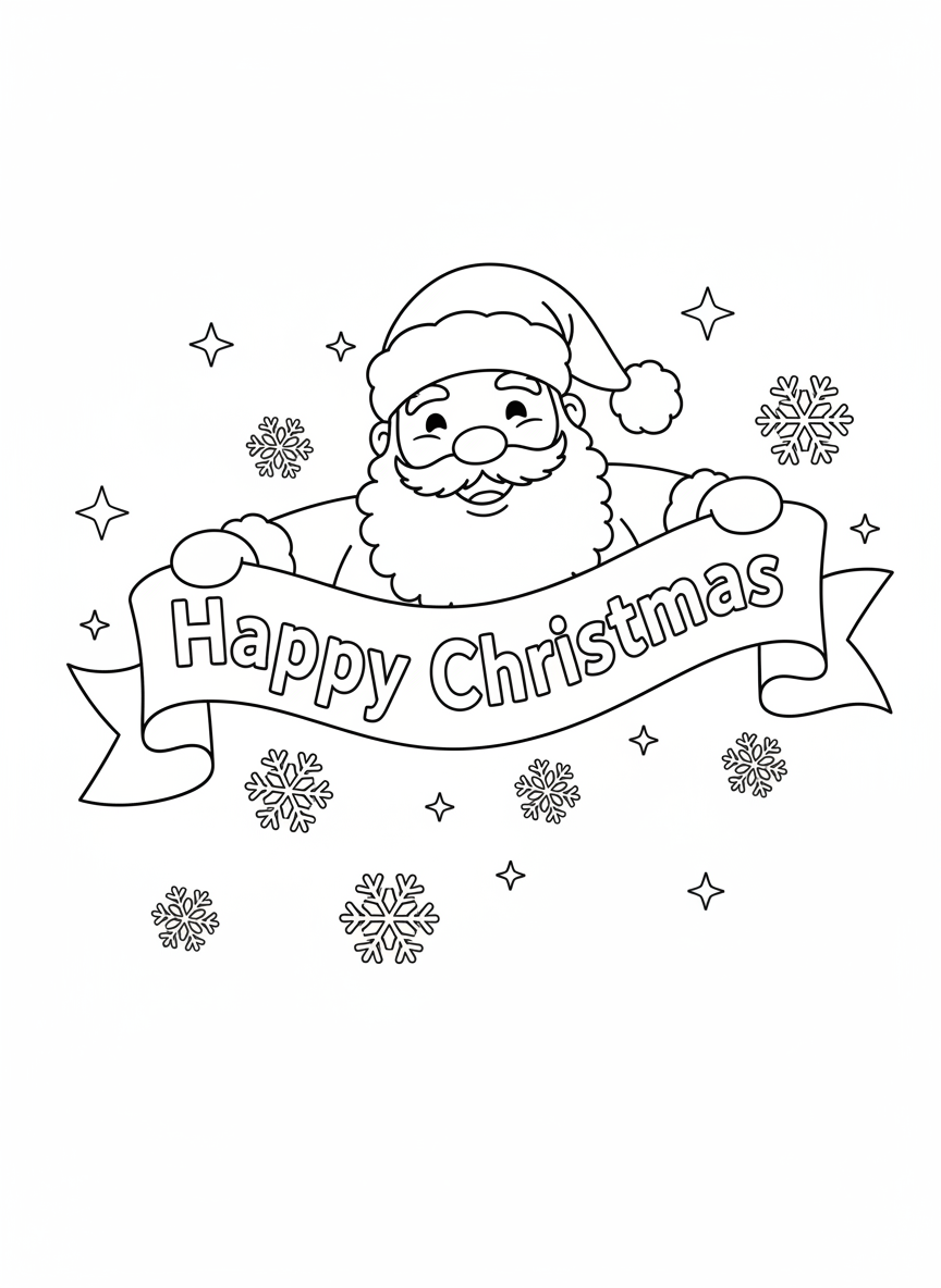 聖誕老人拉著「Happy Christmas」橫幅塗色頁 - 聖誕節 著色頁 聖誕節、兒童 - 免費可列印輪廓畫