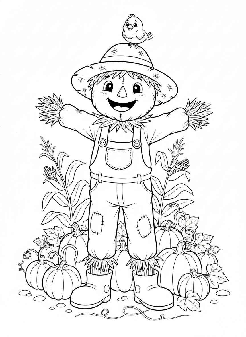 Cheerful Scarecrow in a Pumpkin Patch Coloring Page for Kids - Autumn Coloring Page featuring Farm and Autumn - Free Printable Outline Drawing for Kids