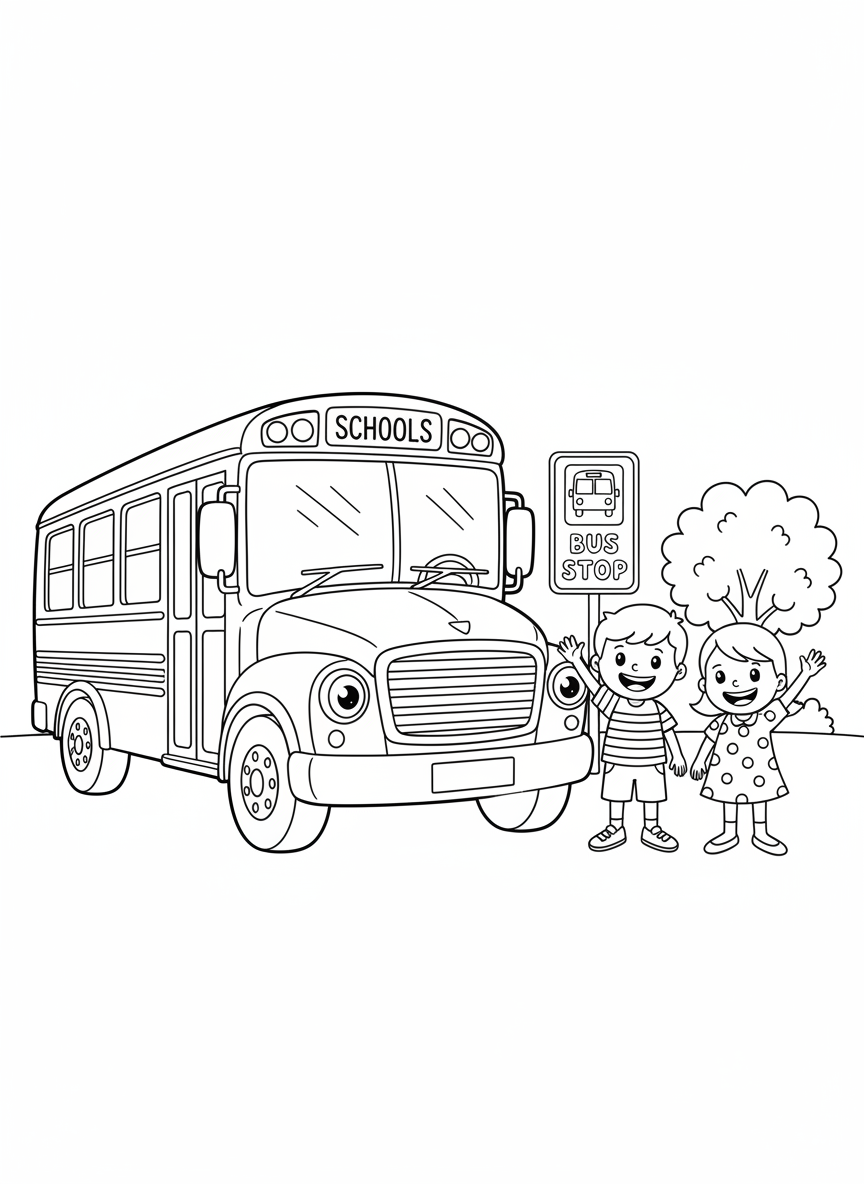 Fröhlicher Schulbus Malvorlage für Kinder - Schulbus Malvorlage mit Schule und Kinder - Kostenlose Druckbare Umrisszeichnung