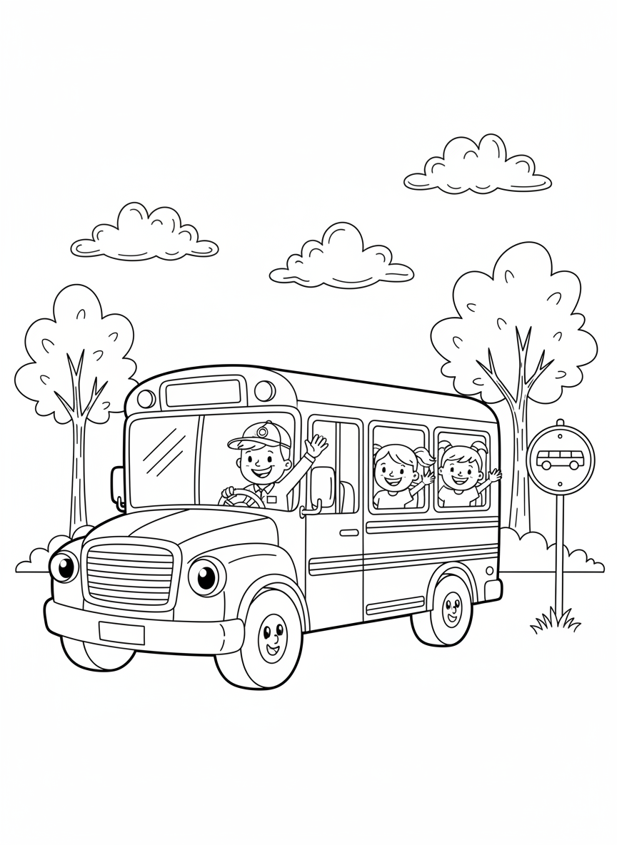 Cheerful School Bus Adventure Coloring Page - School Bus Coloring Page featuring Children and Cute - Free Printable Outline Drawing for Kids