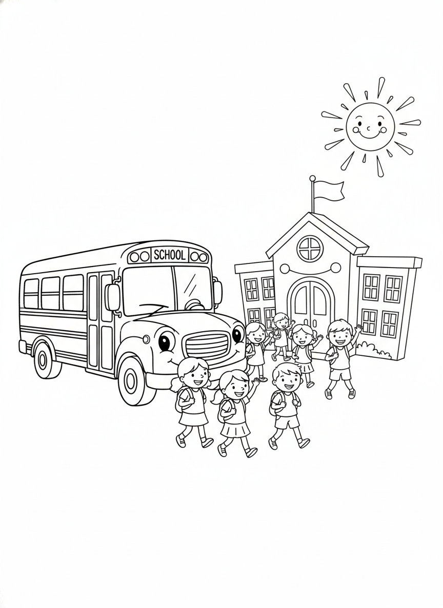 Página para Colorir de Ônibus Escolar Alegre e Crianças Felizes - Ônibus escolar Desenho para Colorir com Crianças e Volta às aulas - Desenho de Contorno Grátis Imprimível