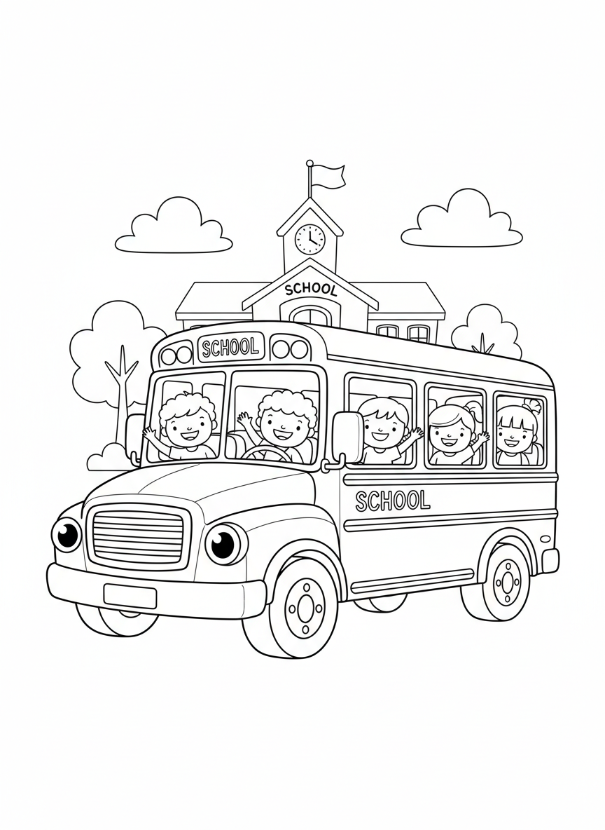 Cheerful School Bus & Happy Kids Coloring Page - School Bus Coloring Page featuring Easy to Color and Children - Free Printable Outline Drawing for Kids