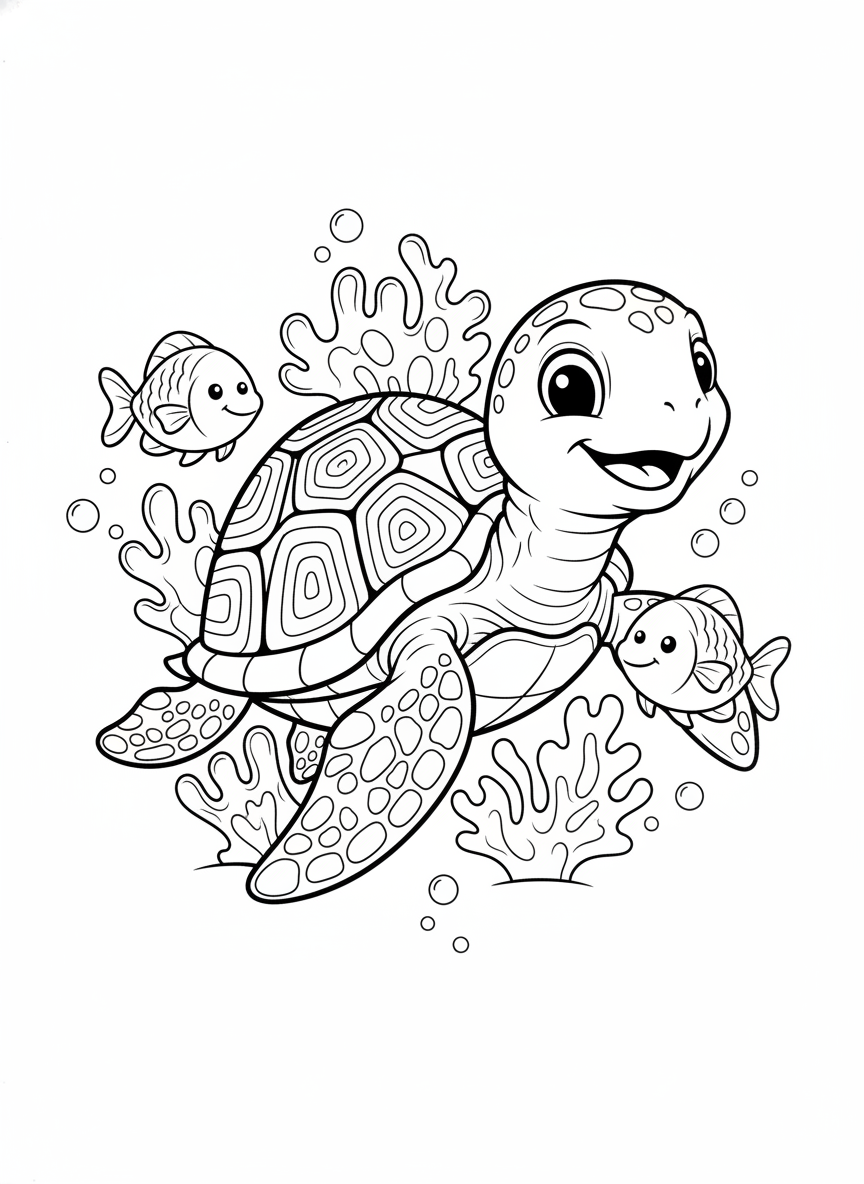 Fröhliche Meeresschildkröte Unterwasser-Malvorlage - Meerestier Malvorlage mit Meeresleben und Meeresschildkröte - Kostenlose Druckbare Umrisszeichnung