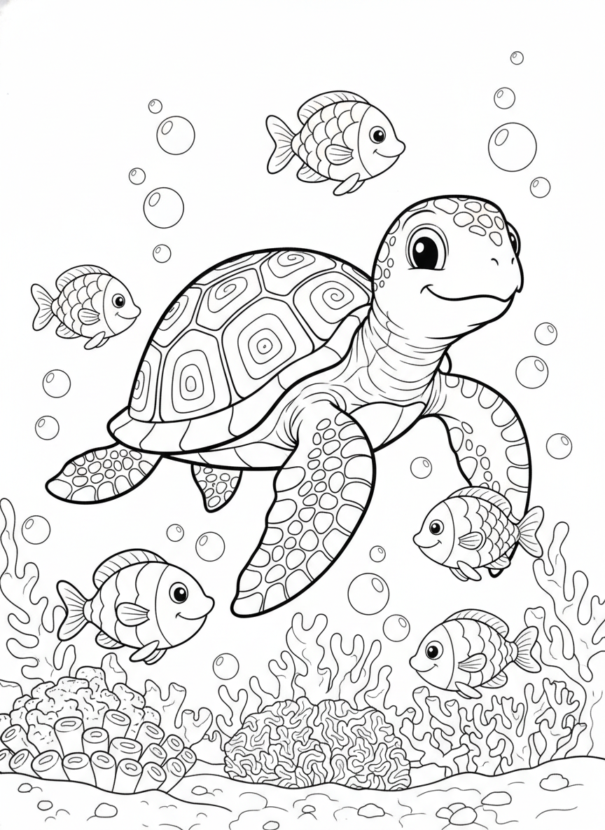 Cheerful Sea Turtle Underwater Kids Coloring Page - Ocean Animal Coloring Page featuring Children and Underwater - Free Printable Outline Drawing for Kids