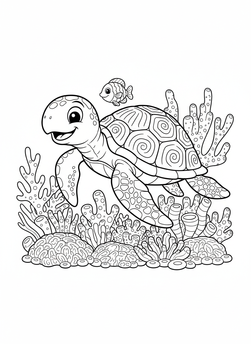 快樂海龜海底世界兒童著色頁 - 海洋動物 著色頁 水下、海洋生物 - 免費可列印輪廓畫
