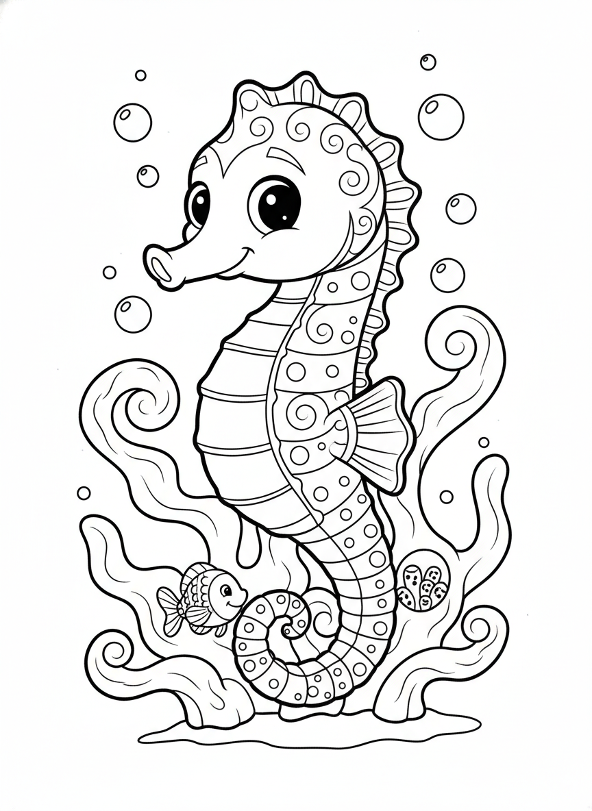 陽気なタツノオトシゴと魚の水中冒険ぬり絵 - 海の動物 ぬりえページ 海とかわいい - 無料印刷可能な輪郭画