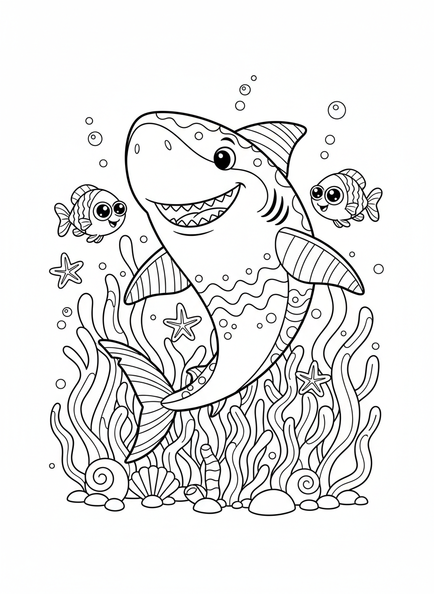 Page de Coloriage Requin Joyeux et Récifs Coralliens - Animal Marin Coloriage avec Océan et Mignon - Dessin au Trait Gratuit Imprimable