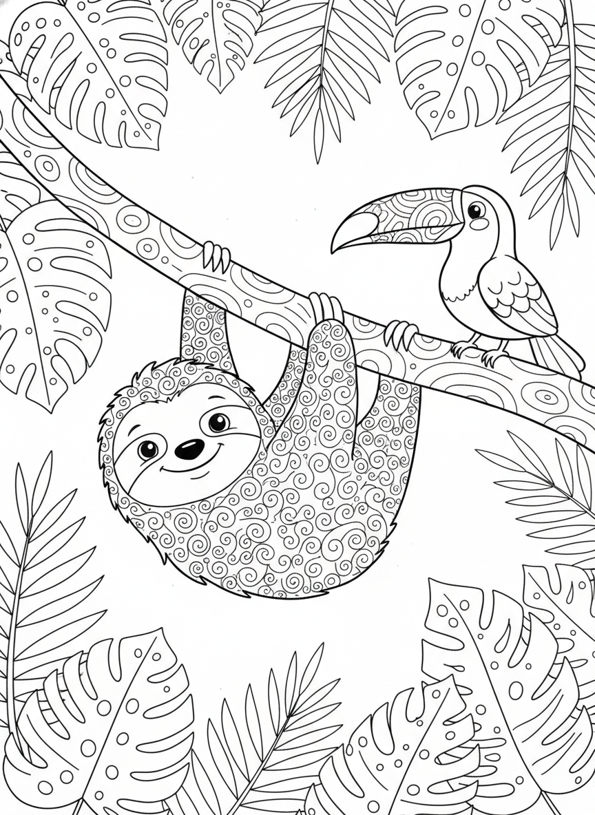 Cheerful Sloth & Toucan Tropical Adventure Coloring Page for Kids - Sloth Coloring Page featuring Nature and Children - Free Printable Outline Drawing for Kids