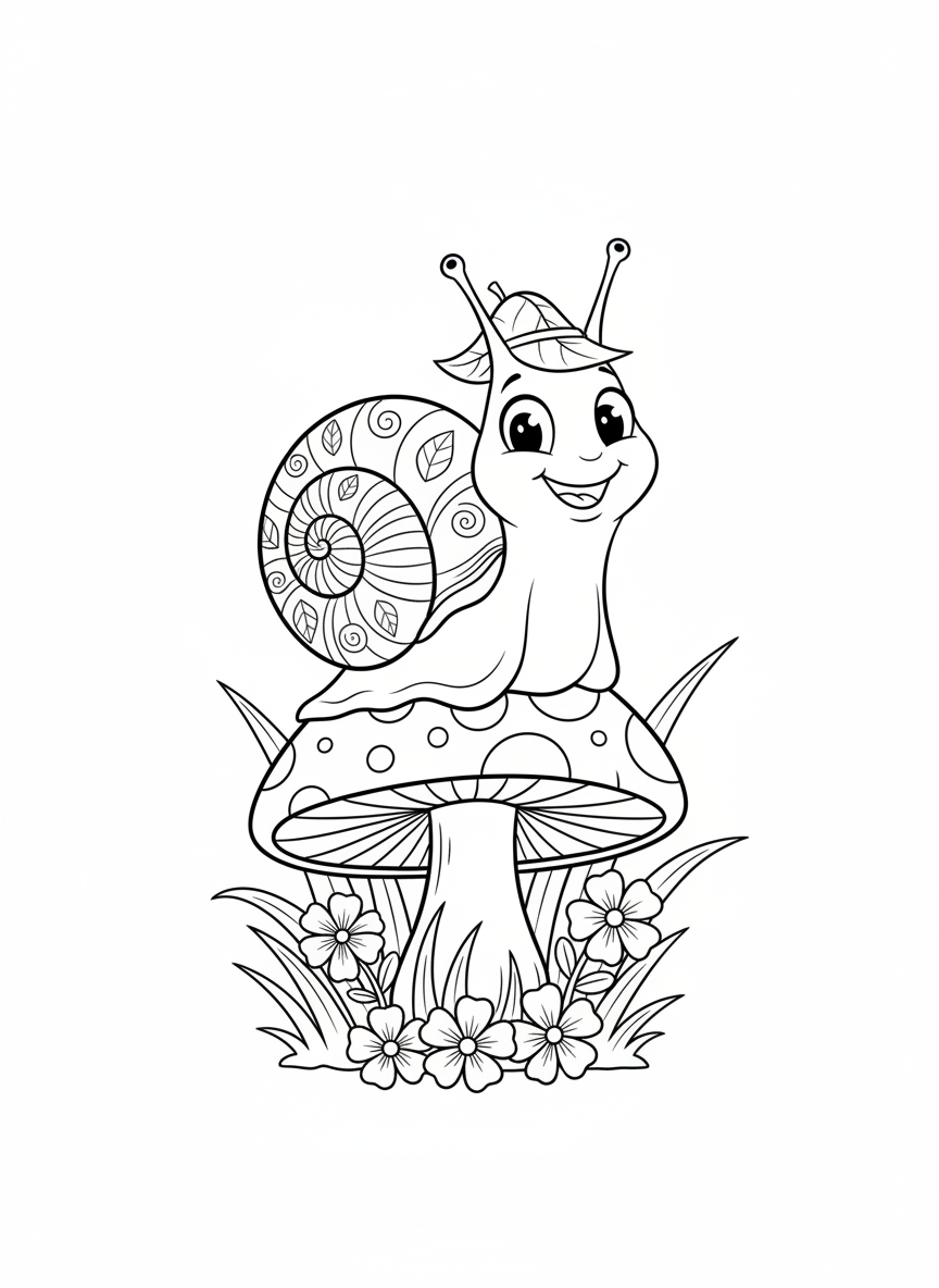 Cheerful Snail on a Mushroom Coloring Page for Kids - Snail Coloring Page featuring Nature and Cute - Free Printable Outline Drawing for Kids