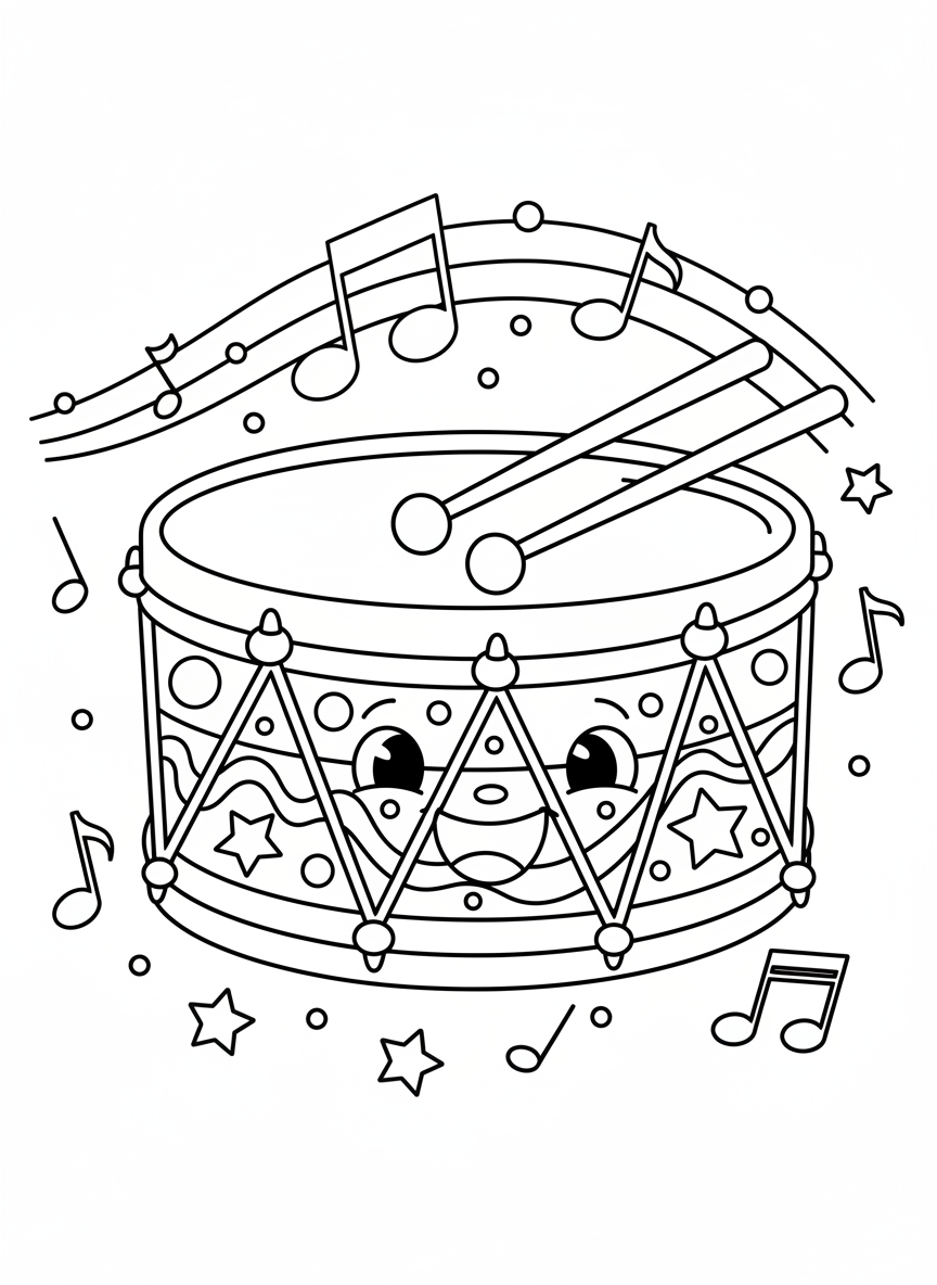 Cheerful Snare Drum Fun: A Playful Cartoon Coloring Page for Kids - Musical Instrument Coloring Page featuring Cute and Kids - Free Printable Outline Drawing for Kids