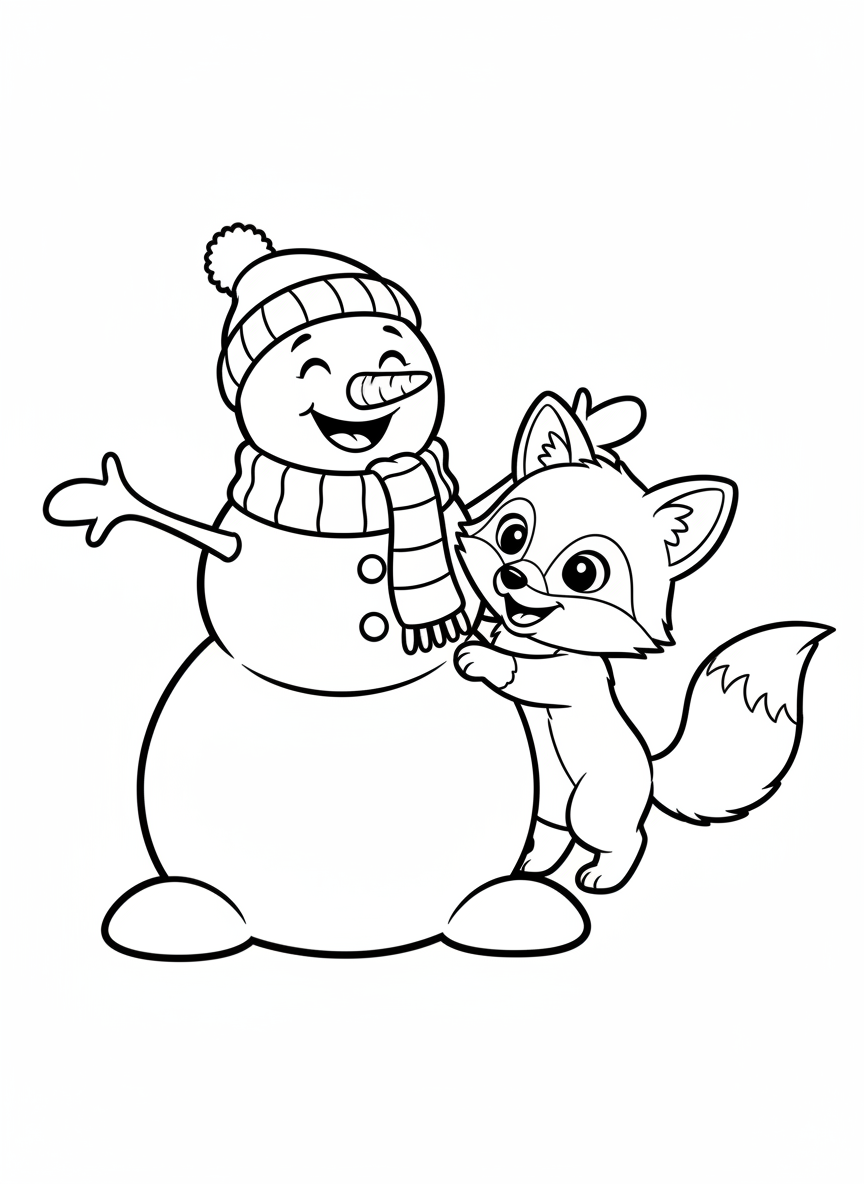 Cheerful Snowman and Fox Cub Playtime Coloring Page - Winter Coloring Page featuring Christmas and Easy to Color - Free Printable Outline Drawing for Kids