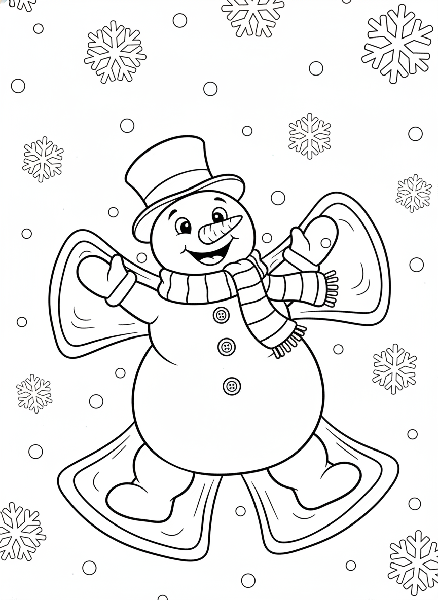 Fröhlicher Schneemann beim Schneeengel-Malbild für Kinder - Winter Malvorlage mit Kinder und Niedlich - Kostenlose Druckbare Umrisszeichnung