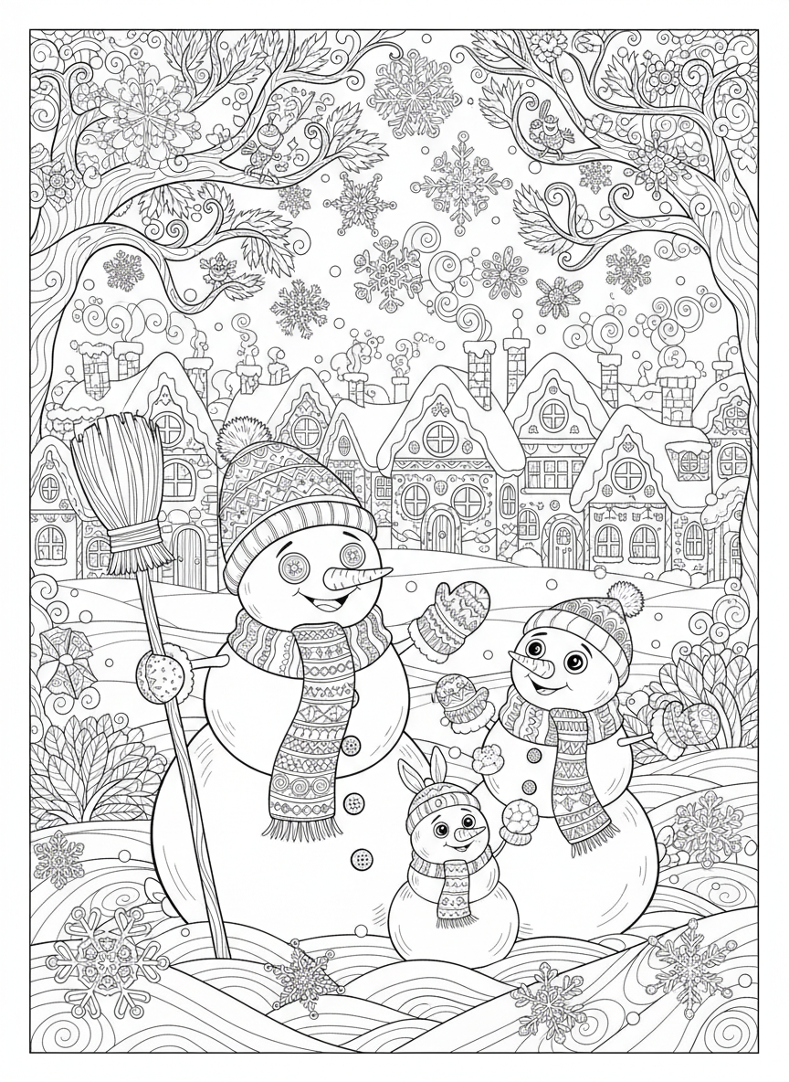 Cheerful Snowman Family Winter Wonderland Coloring Page for Kids - Winter Coloring Page featuring Detailed and Winter Scene - Free Printable Outline Drawing for Kids