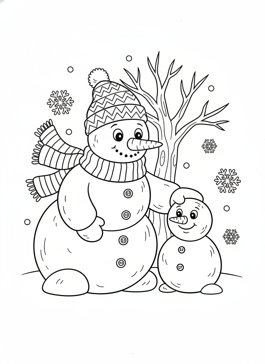 Cheerful Snowman & Friend: Fun Winter Coloring Page for Kids - Winter Coloring Page featuring Children and Cute - Free Printable Outline Drawing for Kids