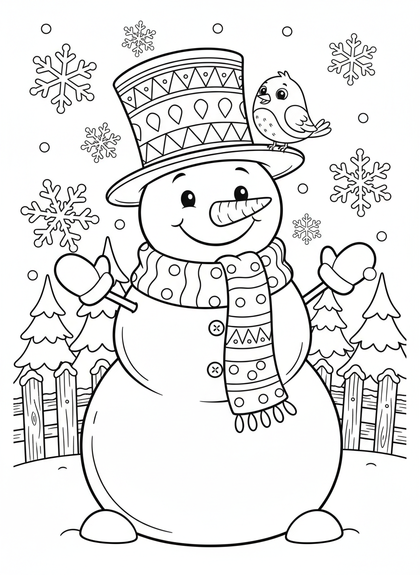Cheerful Snowman Winter Wonderland Coloring Page for Kids - Winter Coloring Page featuring Easy to Color and Cute Cartoon - Free Printable Outline Drawing for Kids