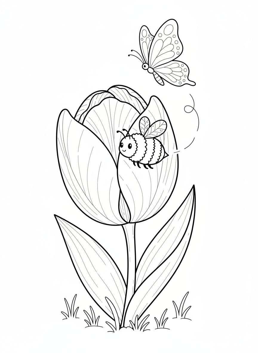 Página de Colorir: Jardim de Primavera Alegre com Tulipa, Abelha e Borboleta - Flores Desenho para Colorir com Crianças e Fofo - Desenho de Contorno Grátis Imprimível