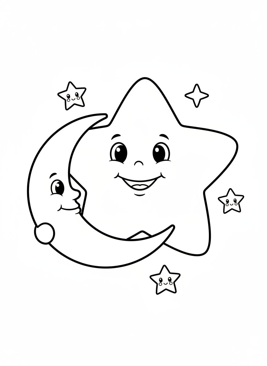 Página para Colorir de Estrela e Lua Alegre para Crianças - Espaço e Planeta Desenho para Colorir com Fácil de Colorir e Crianças - Desenho de Contorno Grátis Imprimível