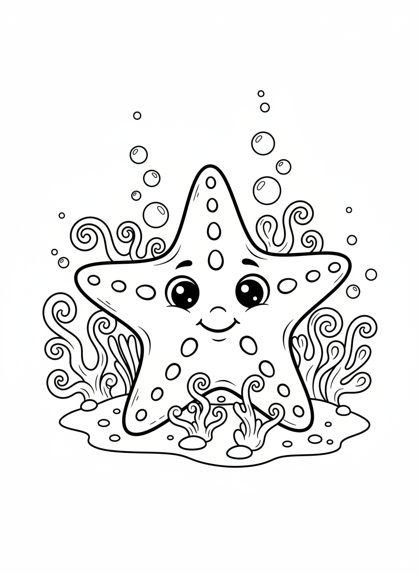 陽気なヒトデの海底塗り絵（子供向け） - 海の動物 ぬりえページ 海と塗りやすい - 無料印刷可能な輪郭画