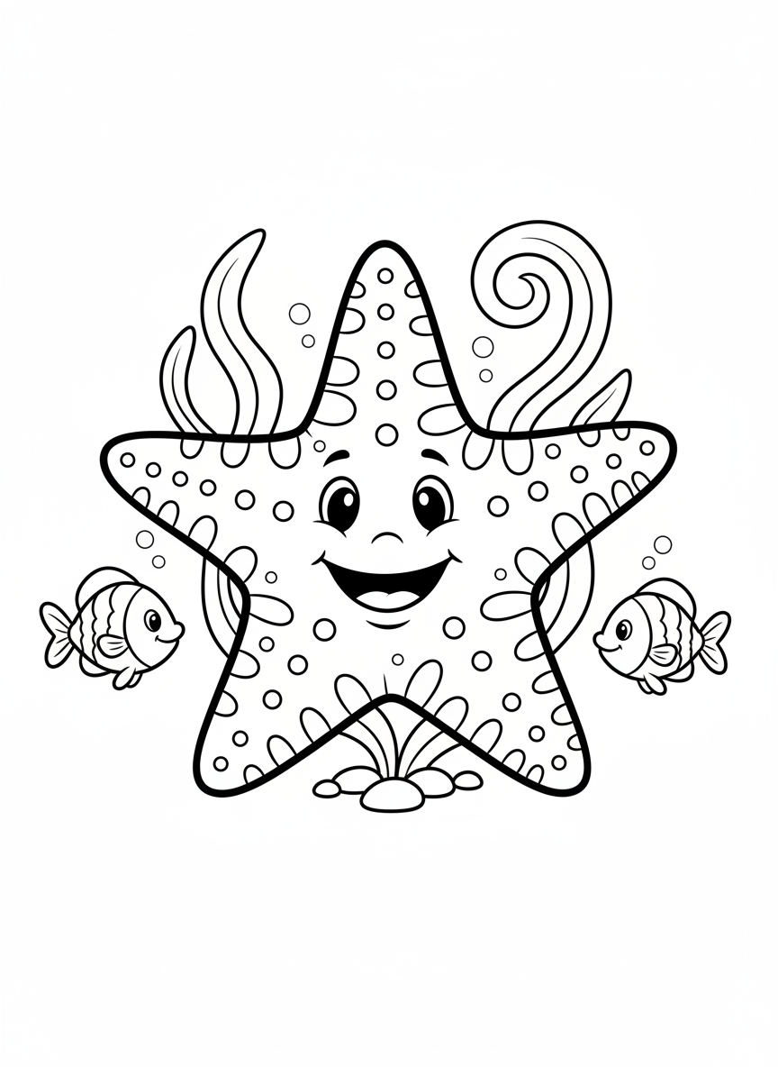 Cheerful Starfish Underwater Adventure Coloring Page for Kids - Ocean Animal Coloring Page featuring Easy and Ocean - Free Printable Outline Drawing for Kids