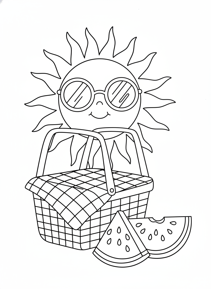 Cheerful Sun Picnic Fun: A Kid-Friendly Coloring Page - Picnic Coloring Page featuring Picnic and Cute - Free Printable Outline Drawing for Kids