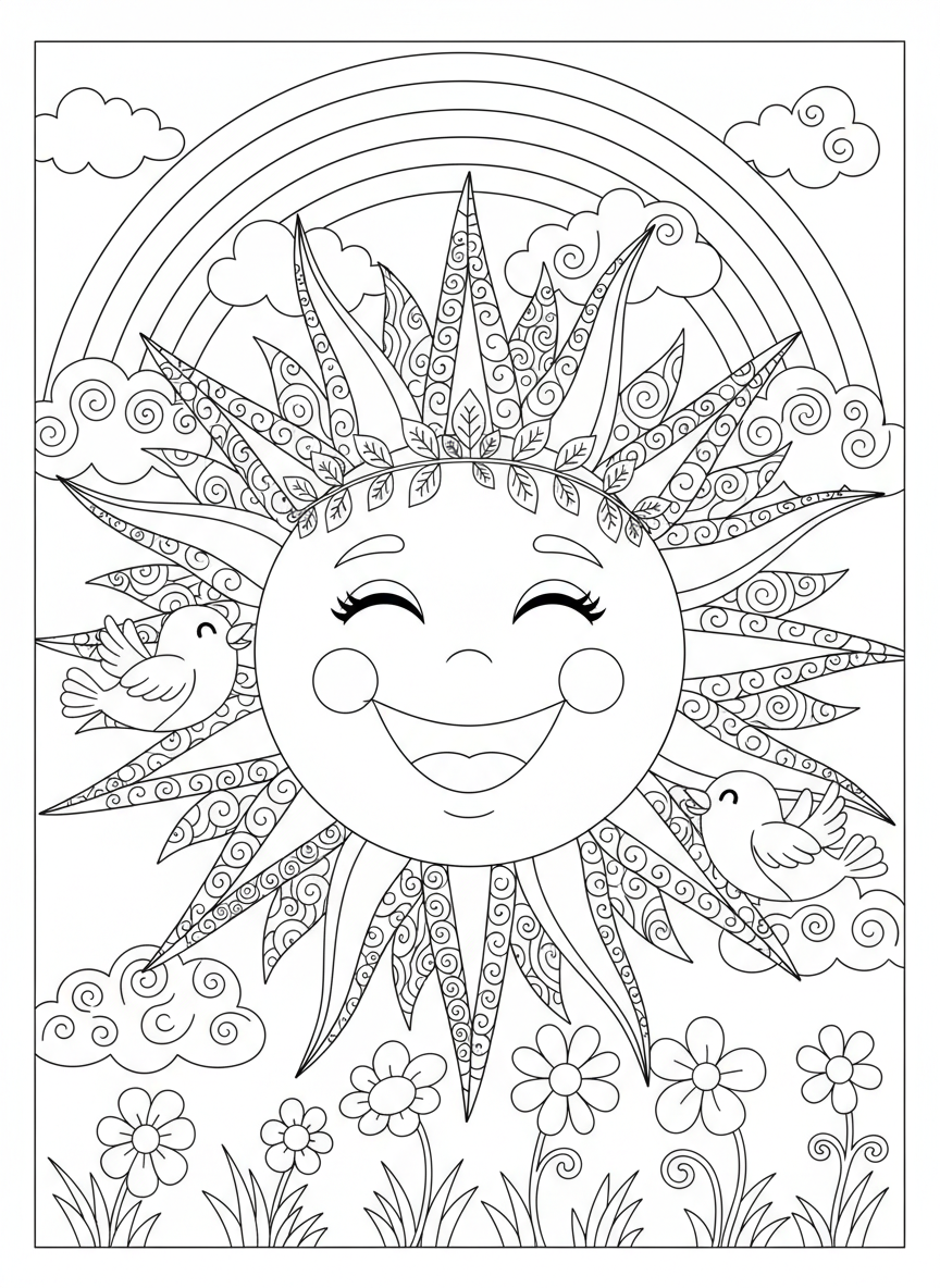 Cheerful Sun & Rainbow Coloring Page for Kids - Rainbow Coloring Page featuring Cute and Rainbow - Free Printable Outline Drawing for Kids