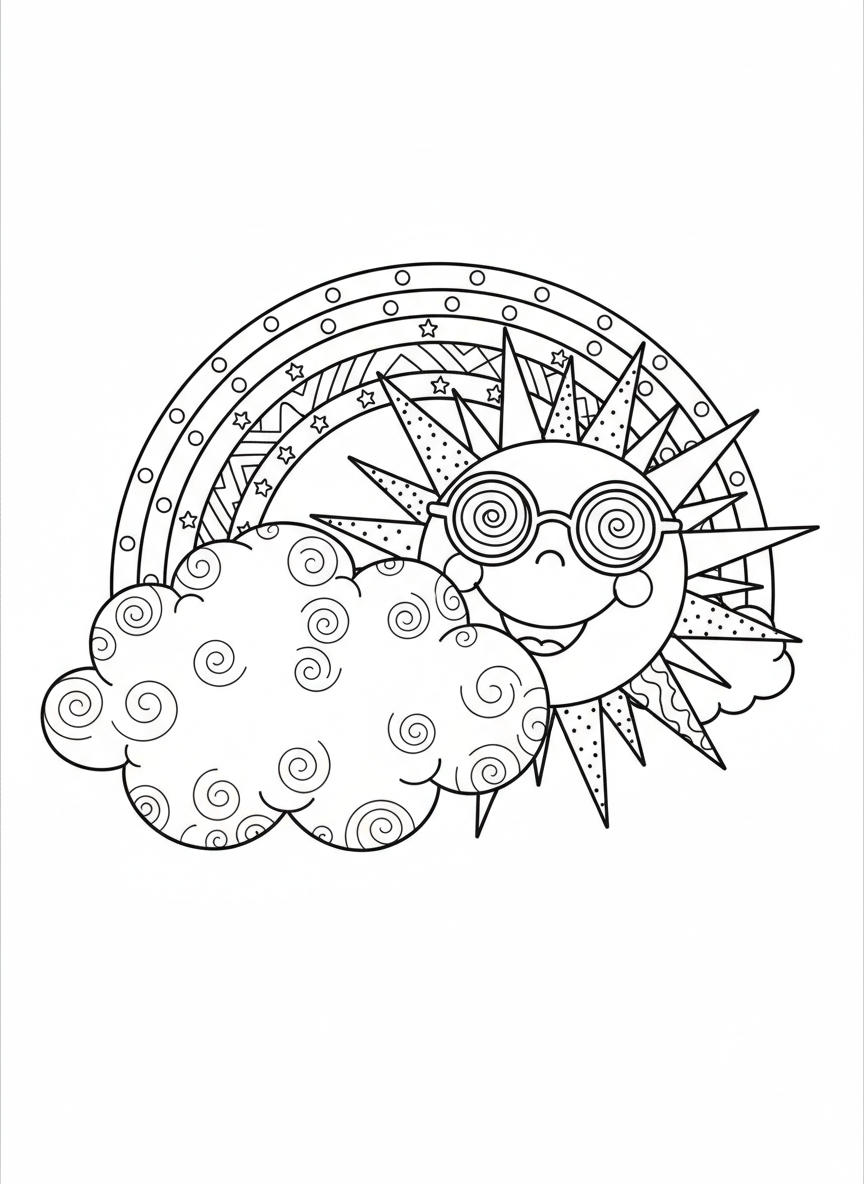 Cheerful Sun & Rainbow Kids Coloring Page - Rainbow Coloring Page featuring Easy to Color and Rainbow - Free Printable Outline Drawing for Kids
