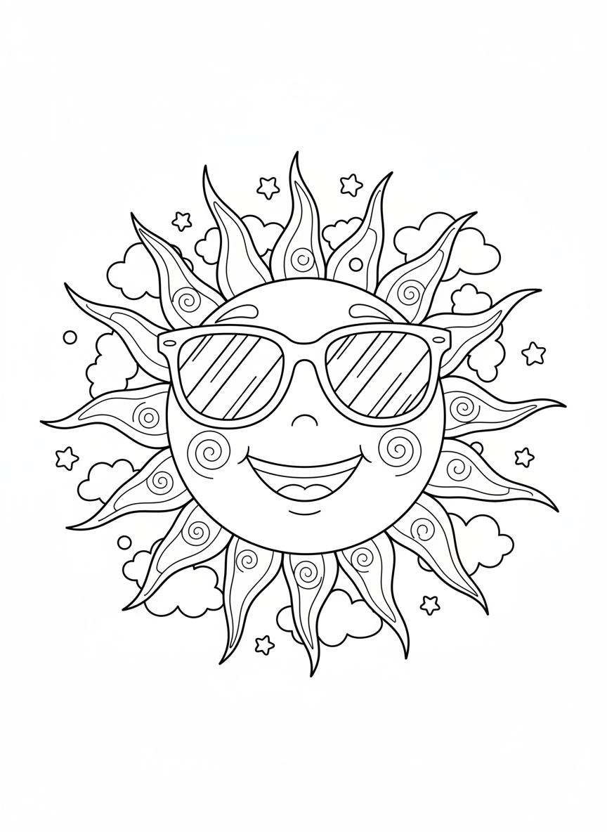 Cheerful Sun with Sunglasses Coloring Page for Kids - Weather Coloring Page featuring Children and Cute - Free Printable Outline Drawing for Kids