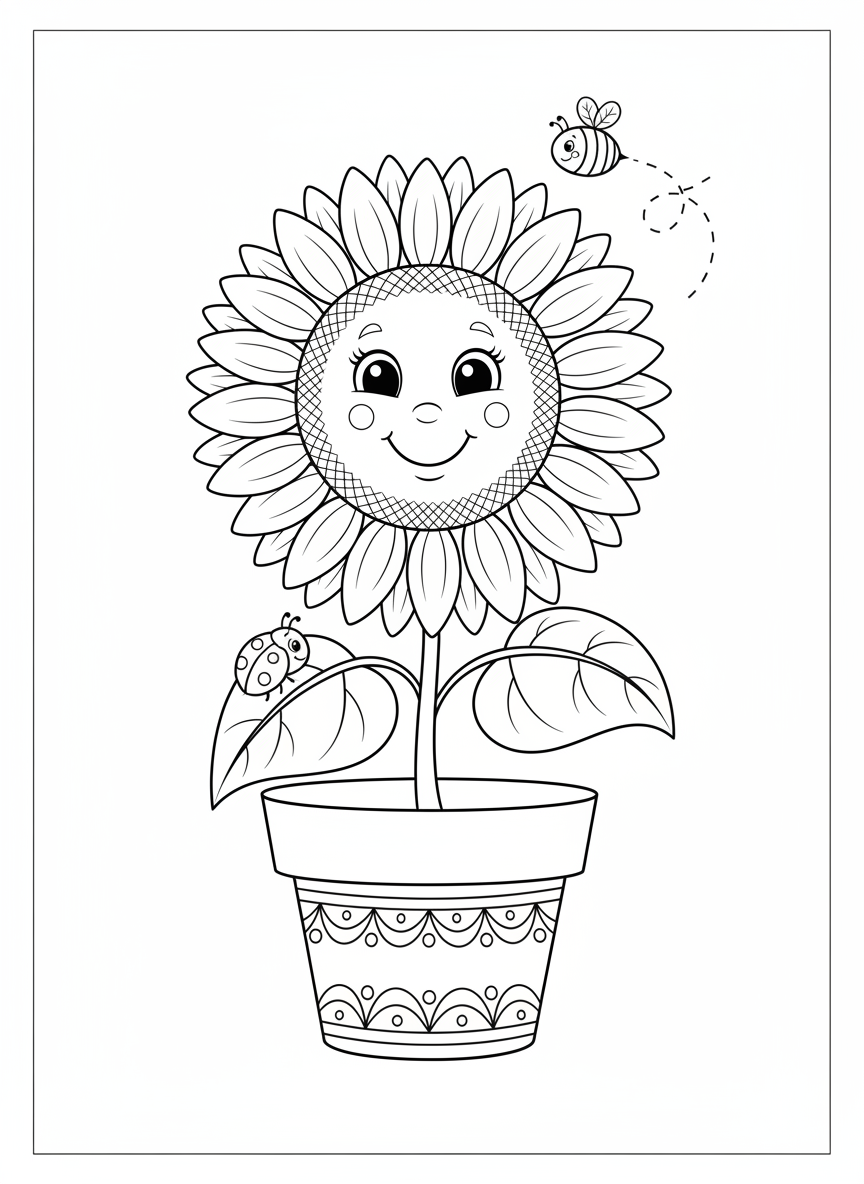 Cheerful Sunflower Coloring Page for Kids with Ladybug & Bee - Flowers Coloring Page featuring Children and Cute - Free Printable Outline Drawing for Kids