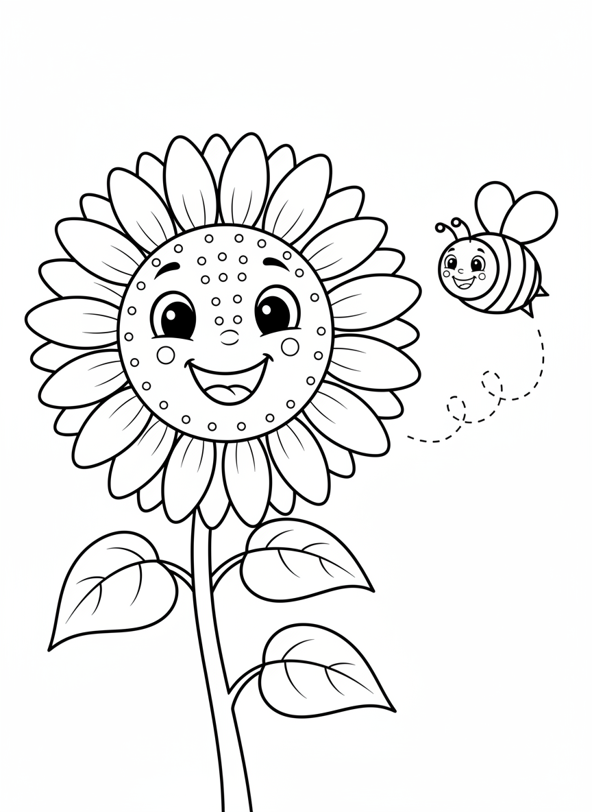 Cheerful Sunflower & Friendly Bee Coloring Page for Kids - Flowers Coloring Page featuring Nature and Children - Free Printable Outline Drawing for Kids