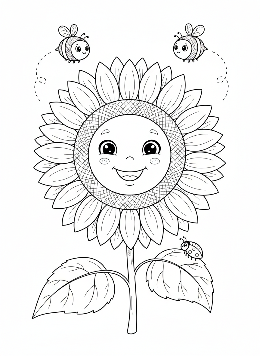 Cheerful Sunflower with Bees & Ladybug Coloring Page - Flowers Coloring Page featuring Nature and Children - Free Printable Outline Drawing for Kids