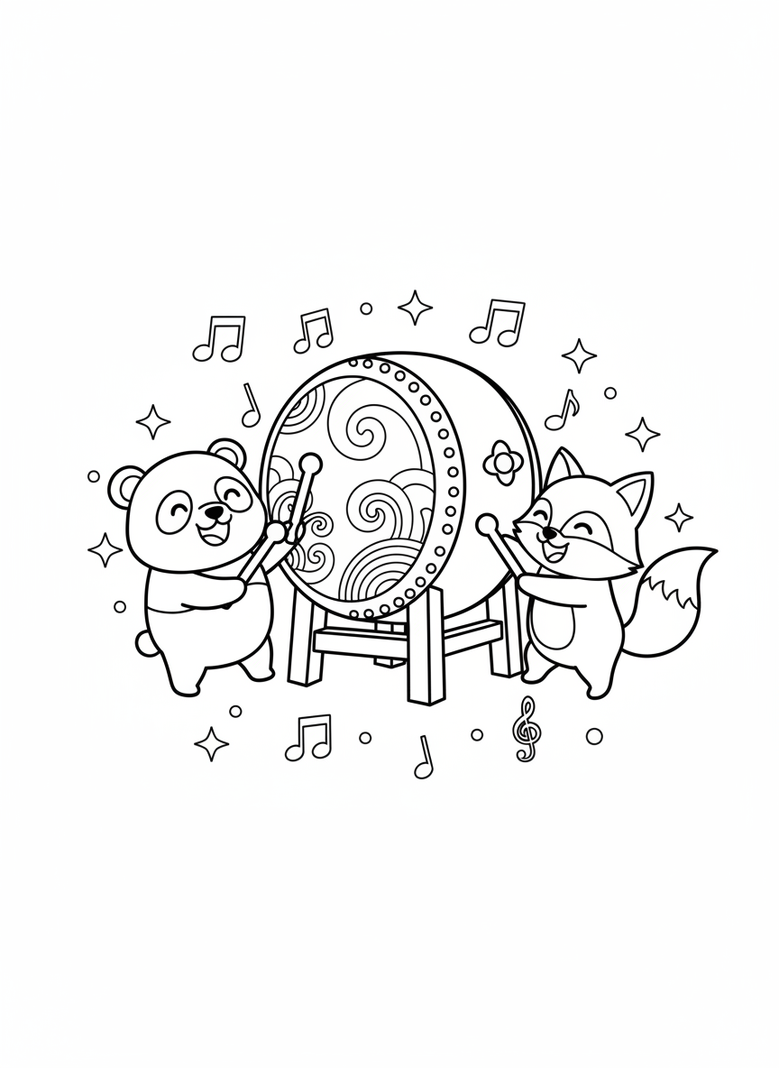 Alegria no Taiko: Panda e Raposa Tocam Música - Instrumento Musical Desenho para Colorir com Crianças e Fofo - Desenho de Contorno Grátis Imprimível