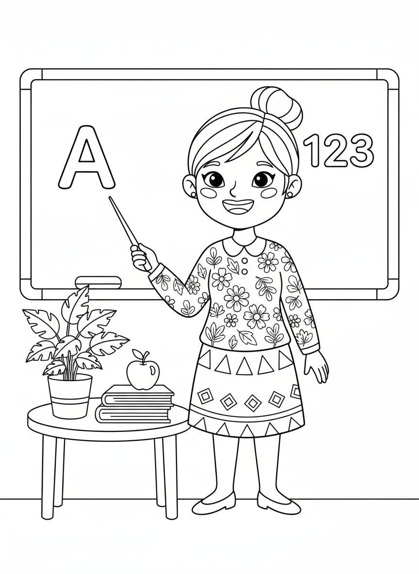 Cheerful Teacher & Classroom Fun Coloring Page for Kids - School Life Coloring Page featuring Easy to Color and Children - Free Printable Outline Drawing for Kids