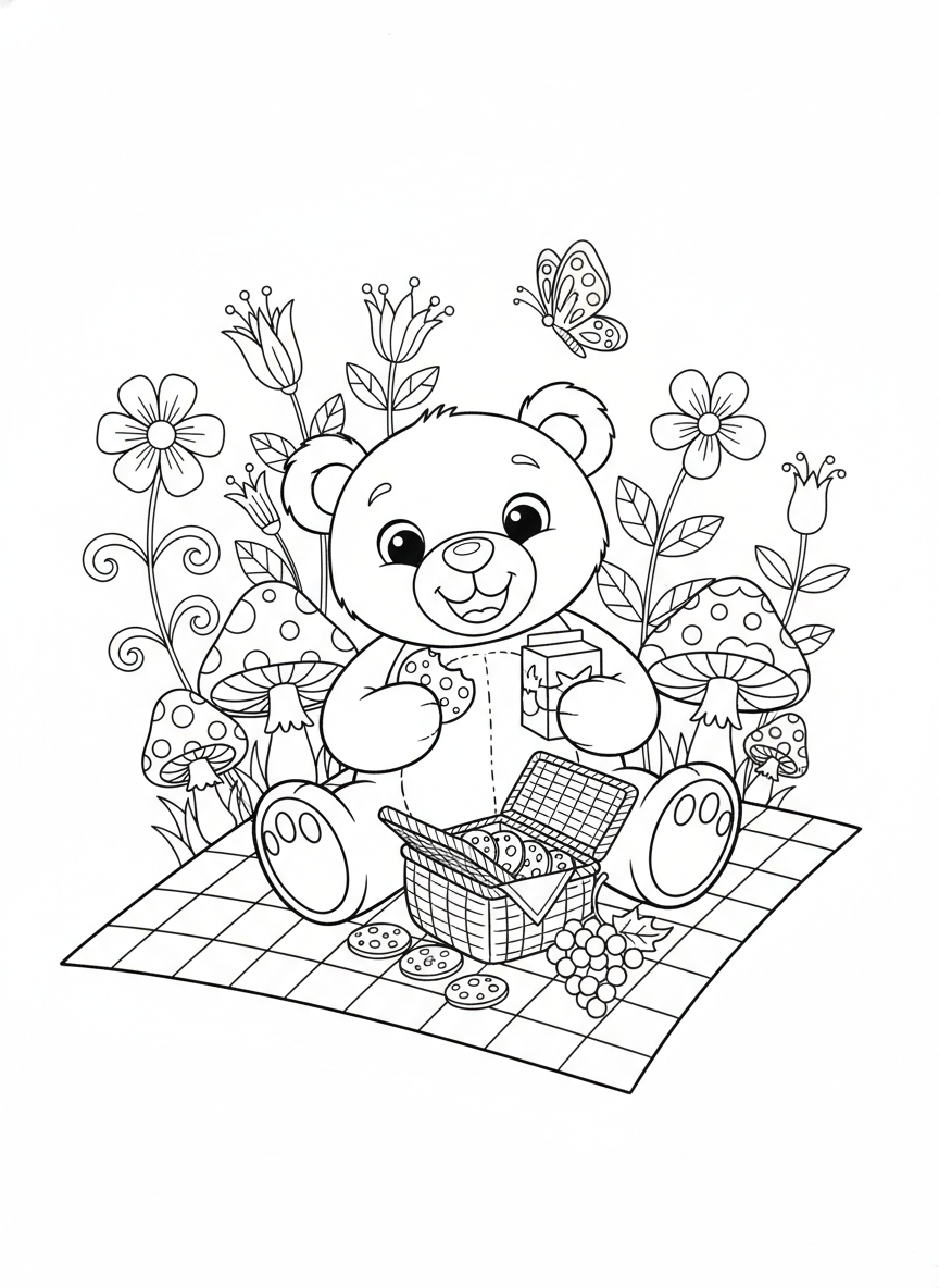 Fröhlicher Teddybär-Picknick-Malvorlage für Kinder - Bär Malvorlage mit Picknick und Kinder - Kostenlose Druckbare Umrisszeichnung