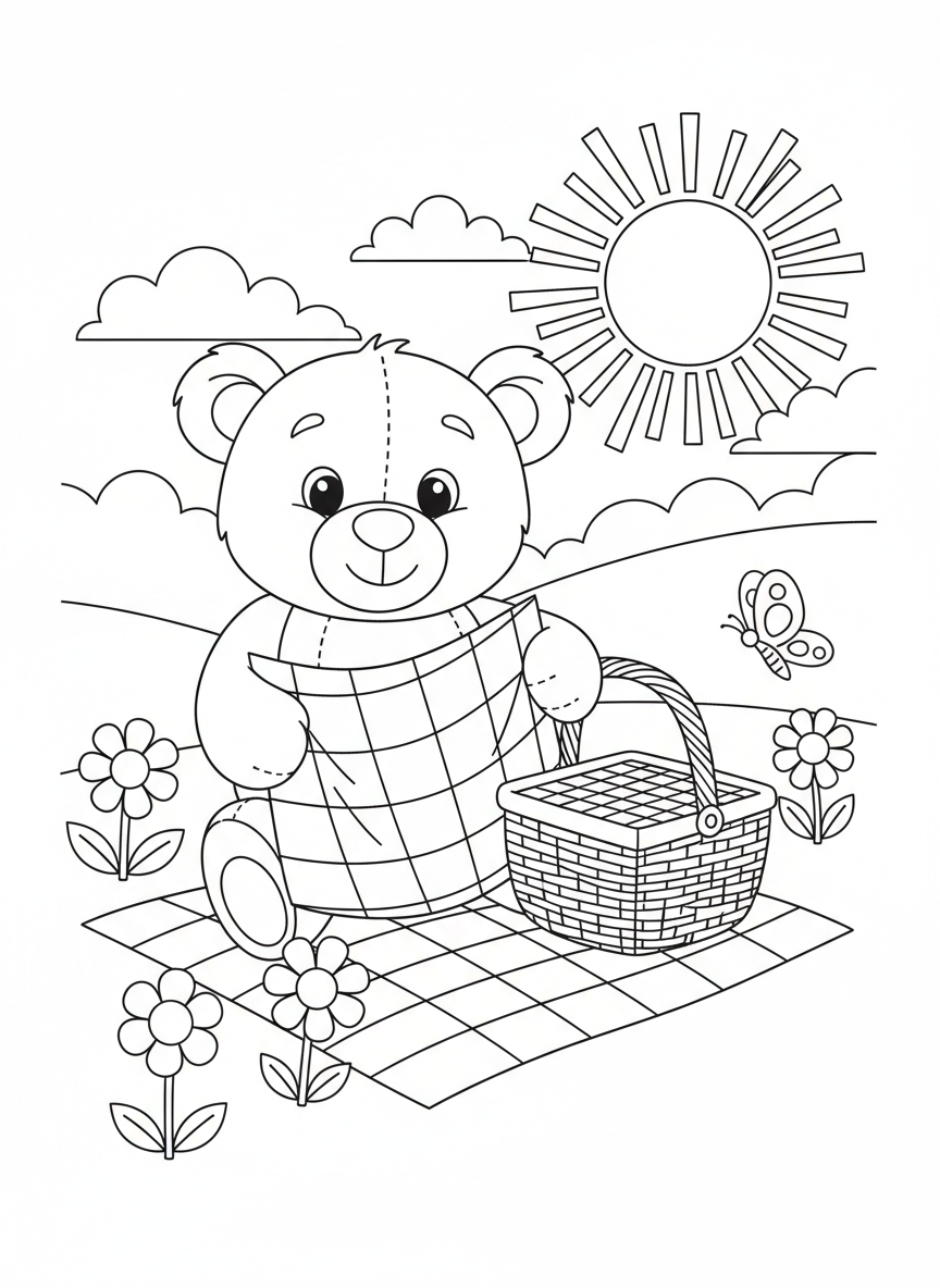 Cheerful Teddy Bear Picnic in the Park Coloring Page - Picnic Coloring Page featuring Children and Cute - Free Printable Outline Drawing for Kids