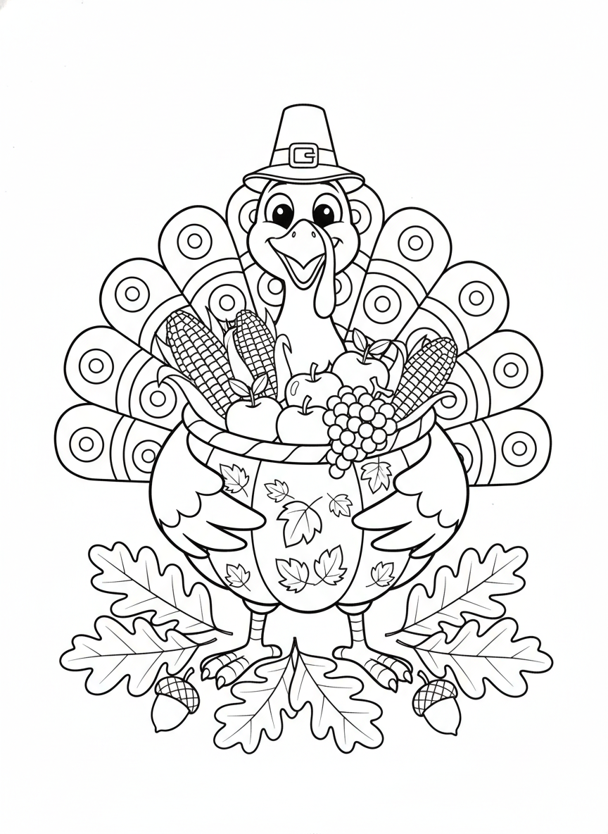Cheerful Thanksgiving Turkey Coloring Page with Pumpkin Basket - Thanksgiving Coloring Page featuring Easy to Color and Kids - Free Printable Outline Drawing for Kids