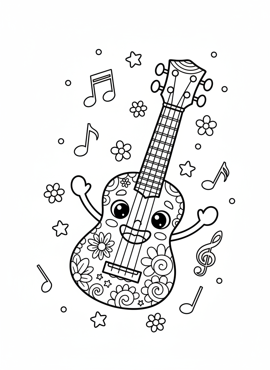 Página para colorear de Ukelele Sonriente para Niños - Instrumento Musical Dibujo para Colorear con Lindo y Música - Dibujo de Contorno Gratis Imprimible