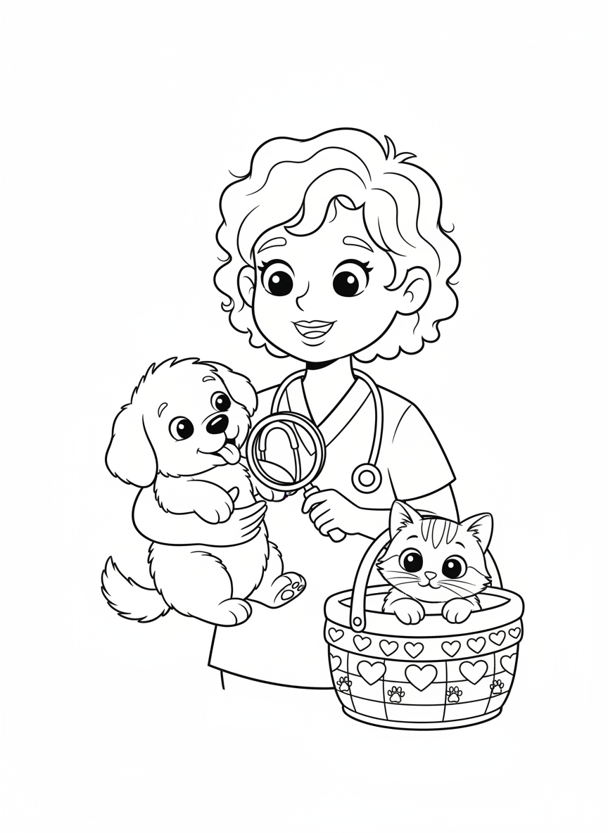 Cheerful Vet & Cute Pets: A Fun Coloring Page for Kids - Occupation Coloring Page featuring Happy and Children - Free Printable Outline Drawing for Kids