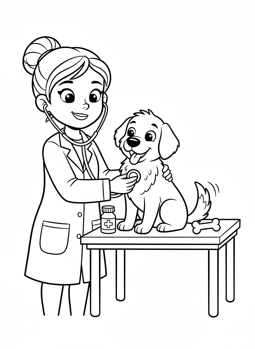 Desenho para Colorir: Veterinária Alegre e Cão Feliz - Cachorro Desenho para Colorir com Fácil de Colorir e Crianças - Desenho de Contorno Grátis Imprimível