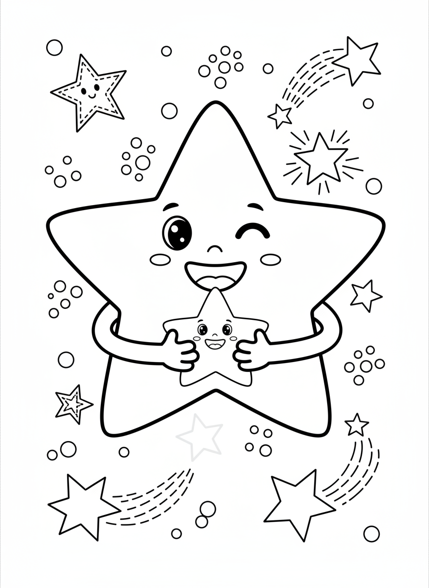 陽気なウィンクする星と小さなハッピースターぬりえ - 宇宙と惑星 ぬりえページ 塗りやすいと天体 - 無料印刷可能な輪郭画