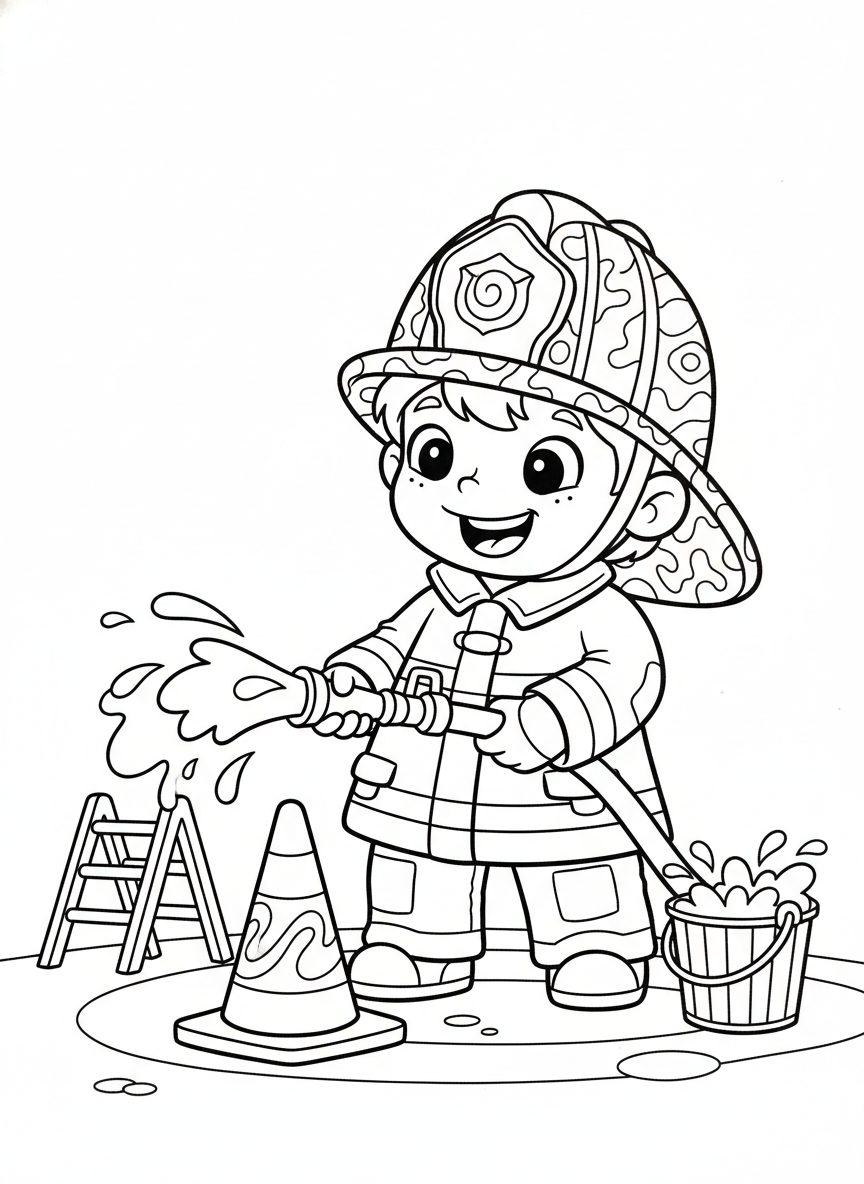 Cheerful Young Firefighter in Training Coloring Page - Occupation Coloring Page featuring Easy to Color and Kids - Free Printable Outline Drawing for Kids