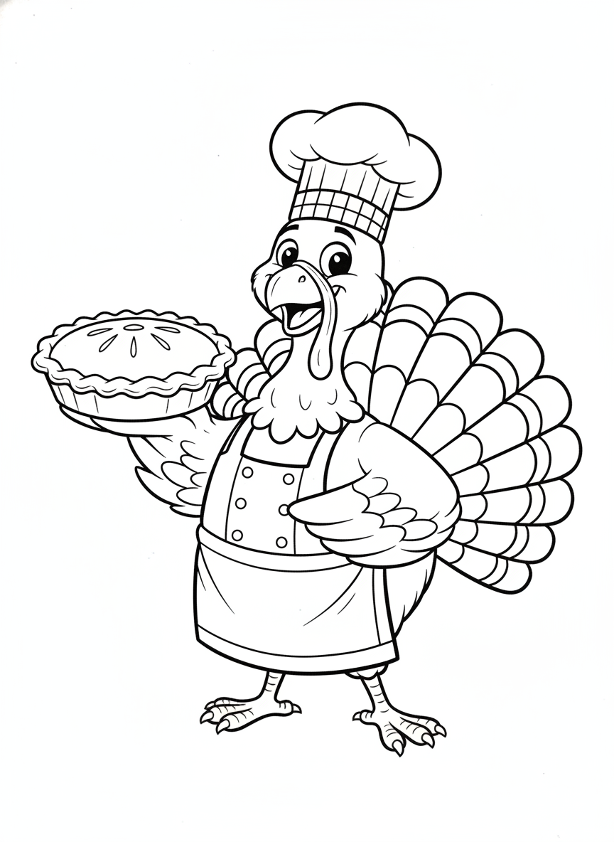 Chef Turkey with Pumpkin Pie Thanksgiving Coloring Page - Thanksgiving Coloring Page featuring Turkey and Pumpkin Pie - Free Printable Outline Drawing for Kids