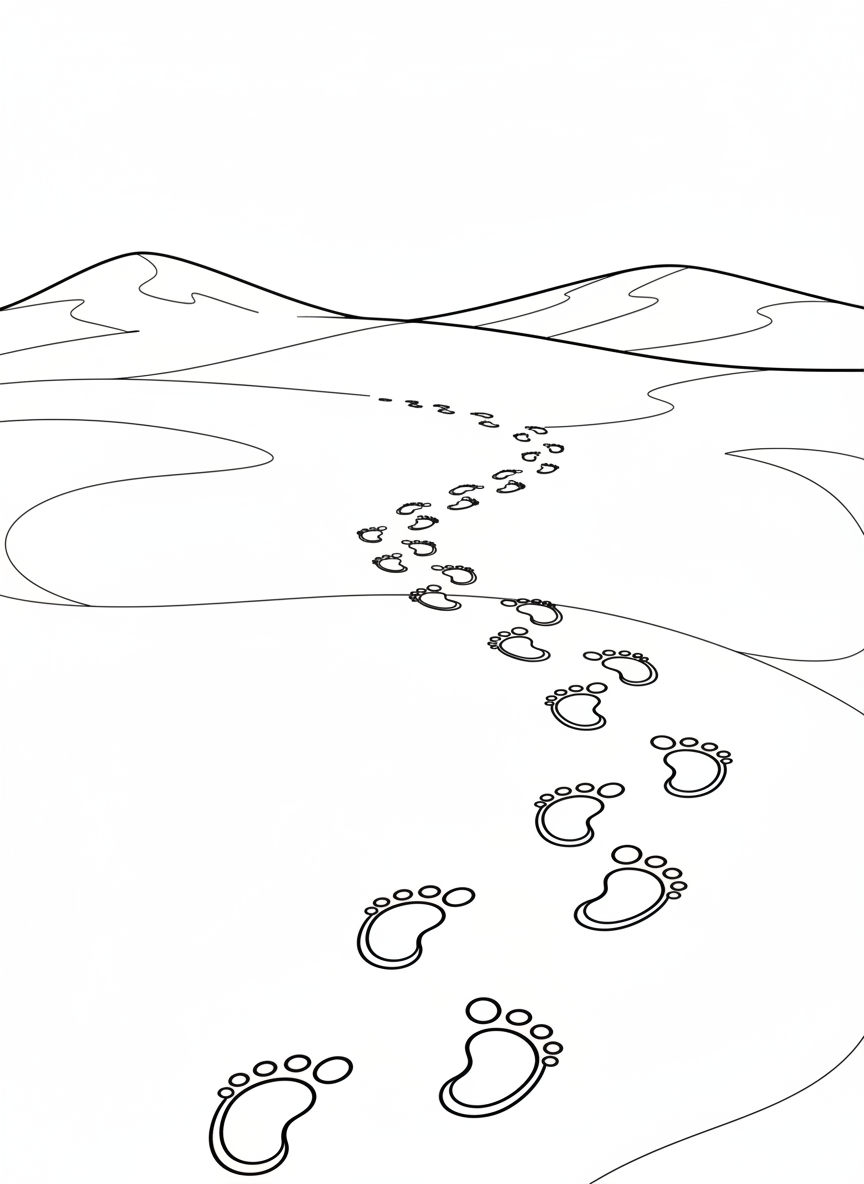 Child's Footprints in Snow Coloring Page - Winter Coloring Page featuring Snow and Seasonal - Free Printable Outline Drawing for Kids