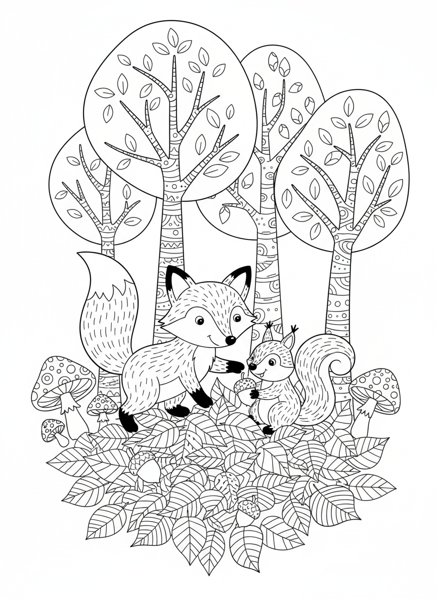 Aventura Aconchegante na Floresta de Outono: Raposa e Esquilo para Colorir - Outono Desenho para Colorir com Fácil de Colorir e Crianças - Desenho de Contorno Grátis Imprimível