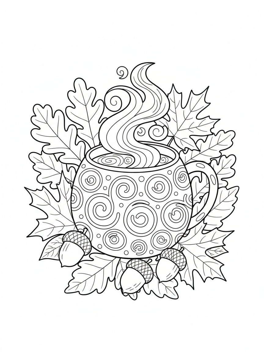 Cozy Autumn Mug Coloring Page with Leaves & Acorns - Autumn Coloring Page featuring Cozy and Children - Free Printable Outline Drawing for Kids